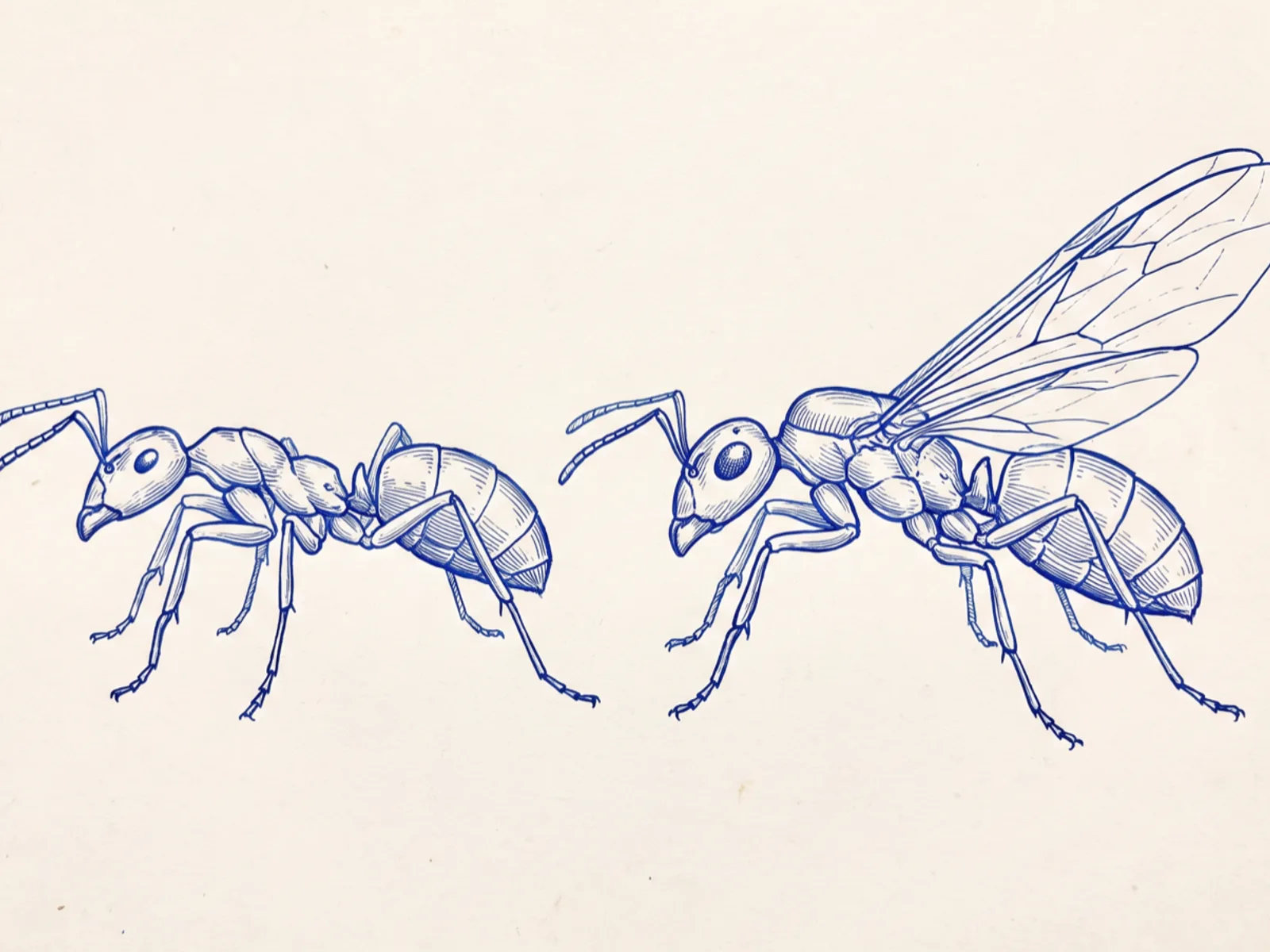 Line illustration of a worker ant and a winged reproductive ant side by side