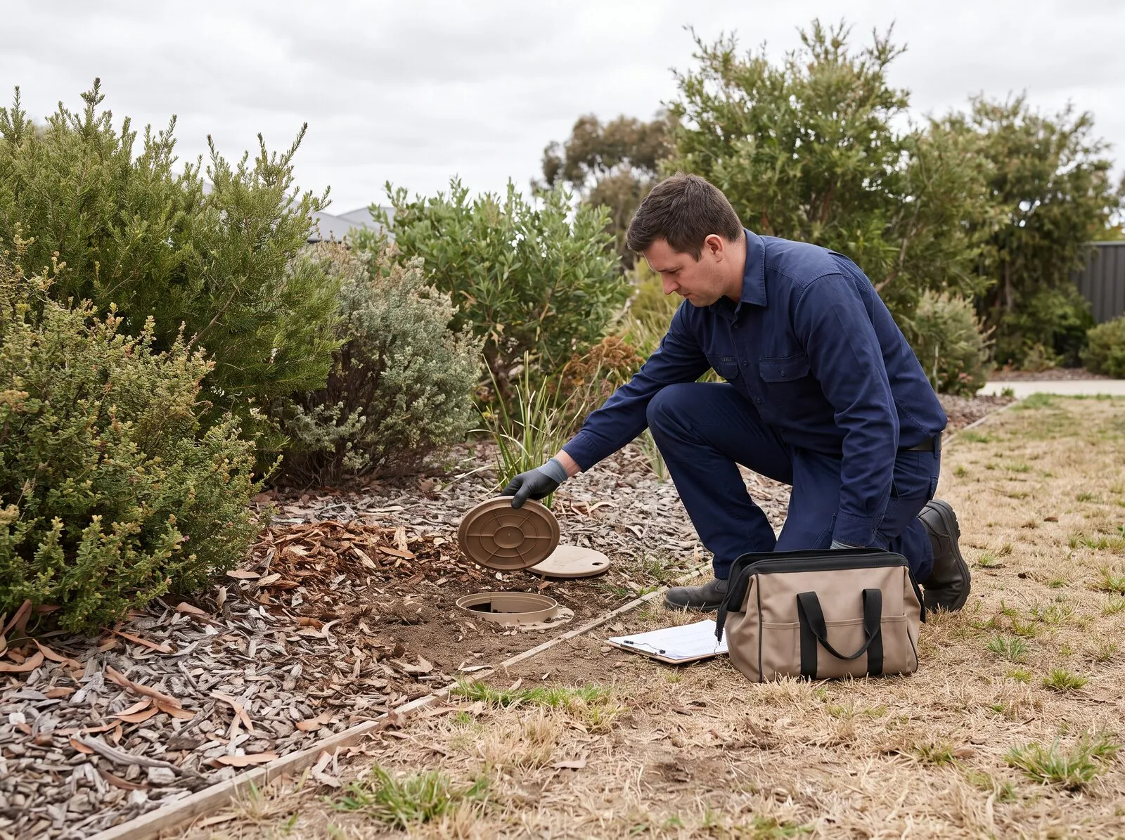 Technician checking an in-ground termite monitoring station in a garden bed