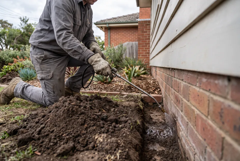 Technician applying a liquid soil treatment into a narrow trench dug along the brick footing of a suburban house