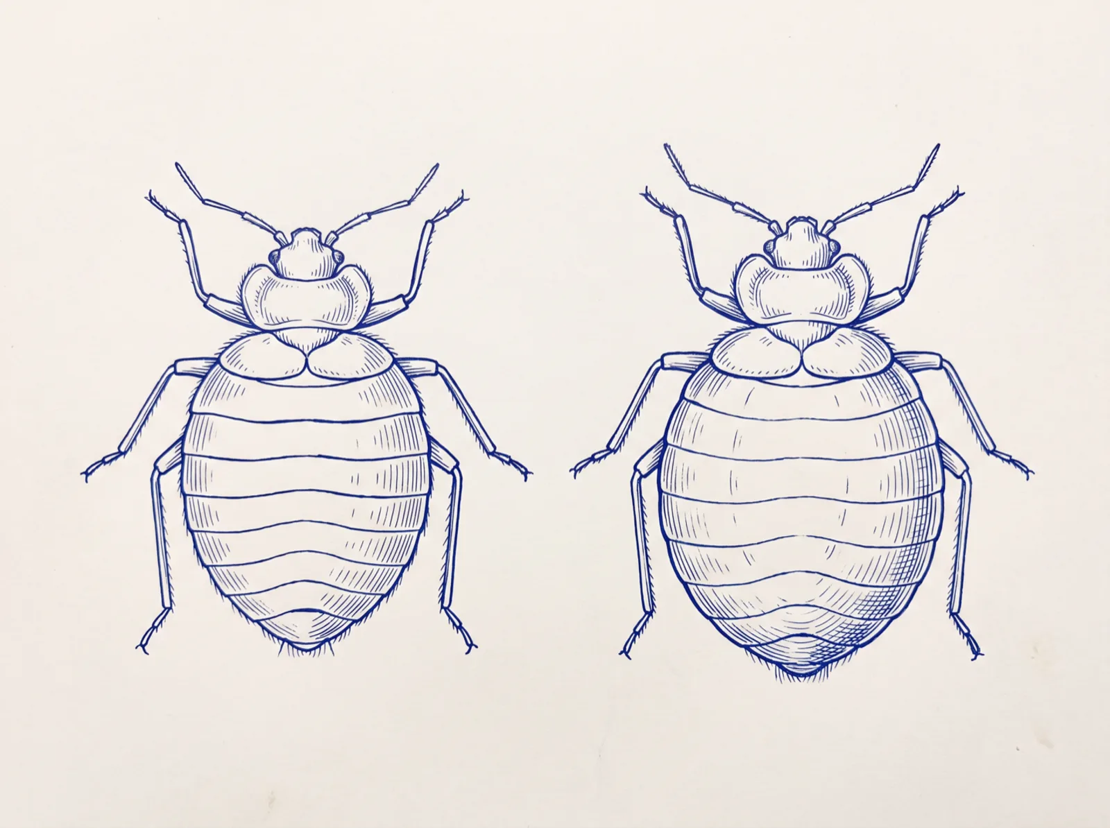 Line illustration of a bed bug unfed and engorged after feeding, side by side