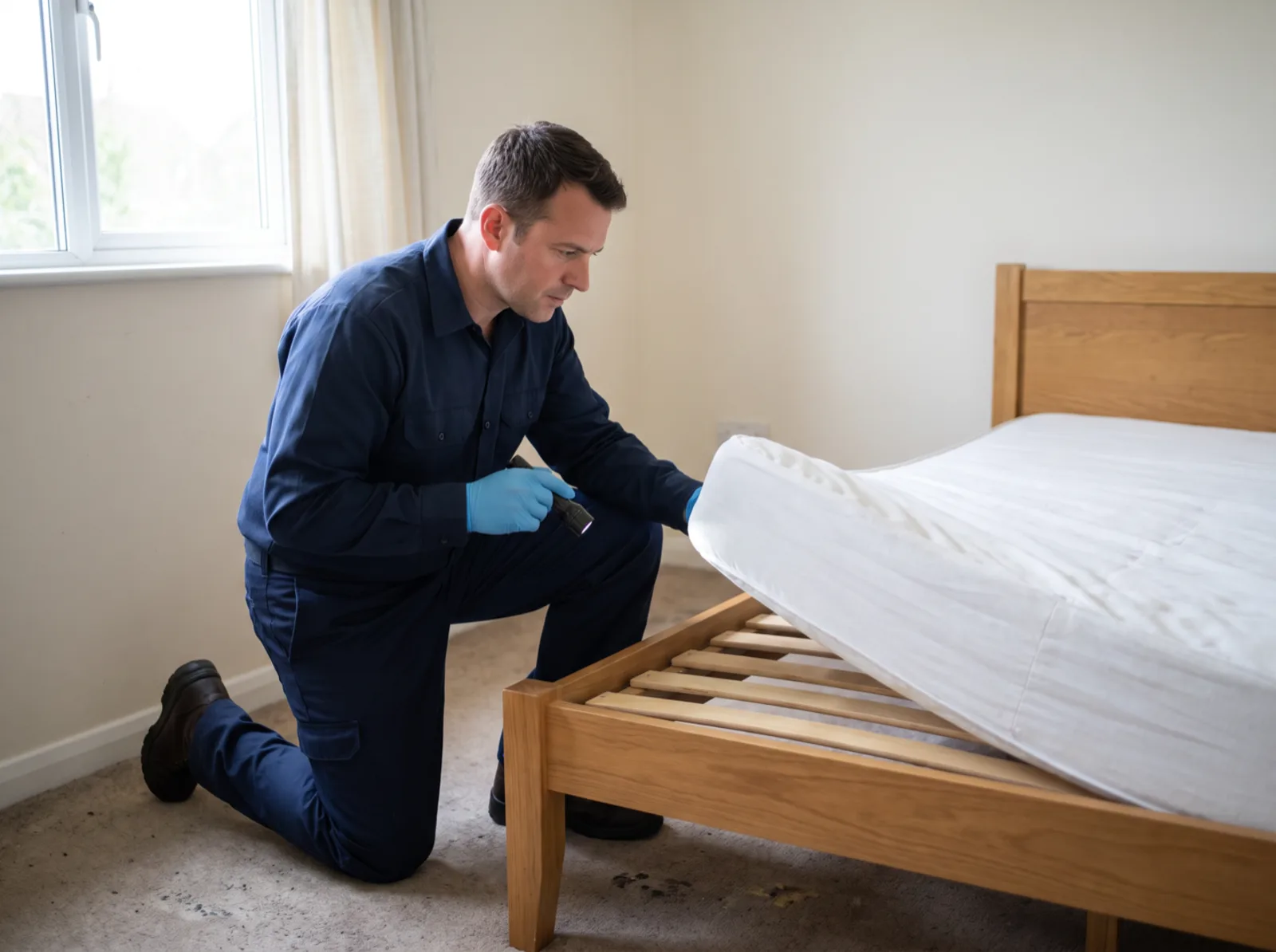 Technician inspecting a mattress seam and bed frame with a torch
