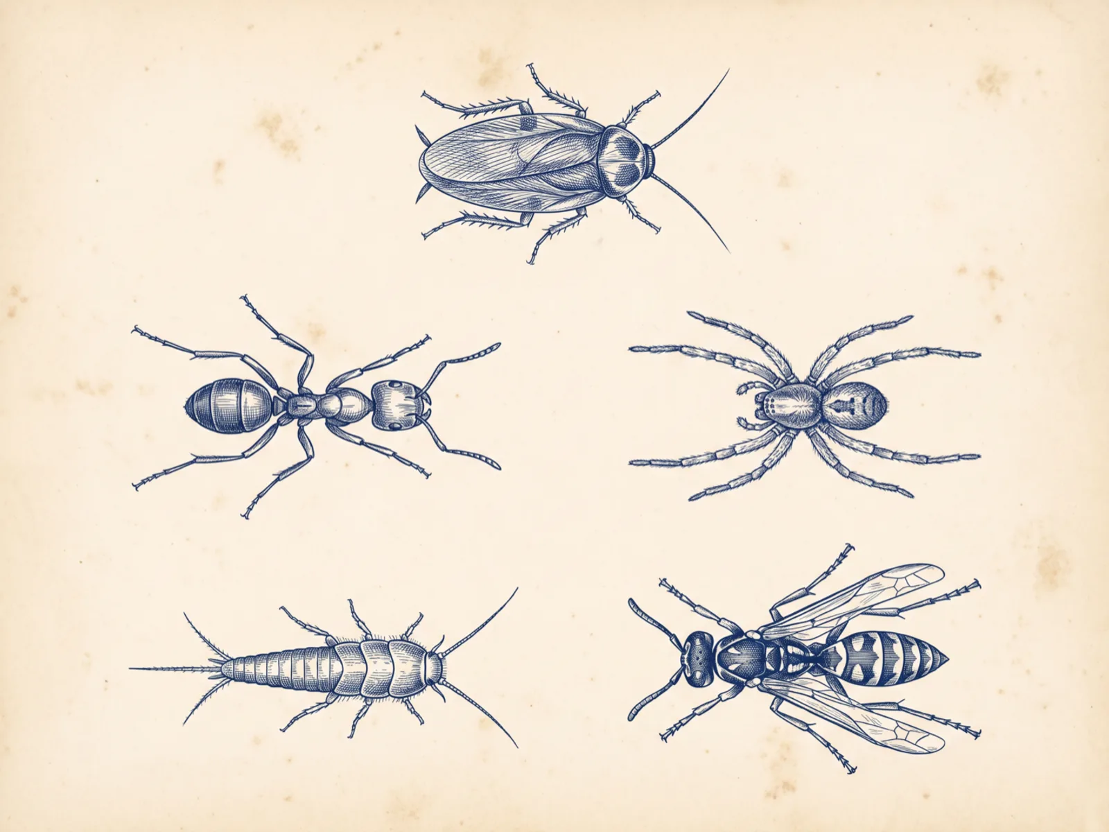 Vintage entomology specimen board in cobalt ink: a cockroach, an ant, a spider, a silverfish and a paper wasp