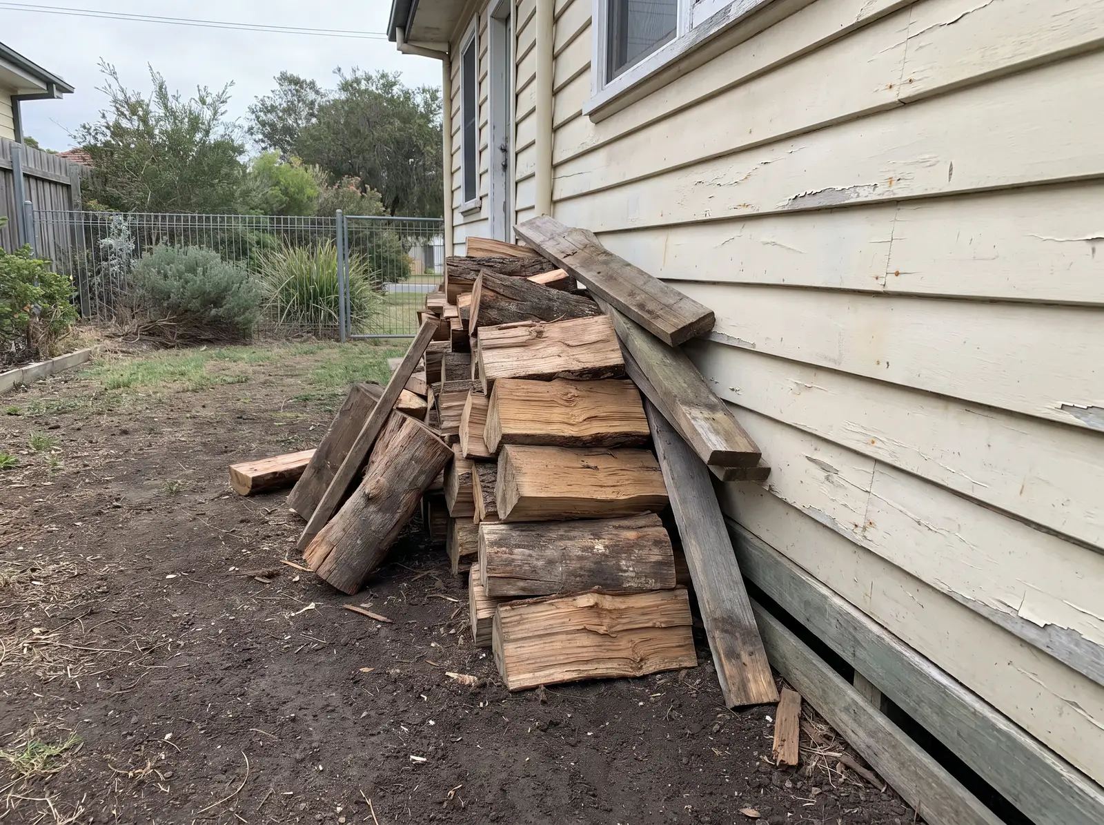 Firewood and timber offcuts stacked on bare ground against the weatherboard wall of a house