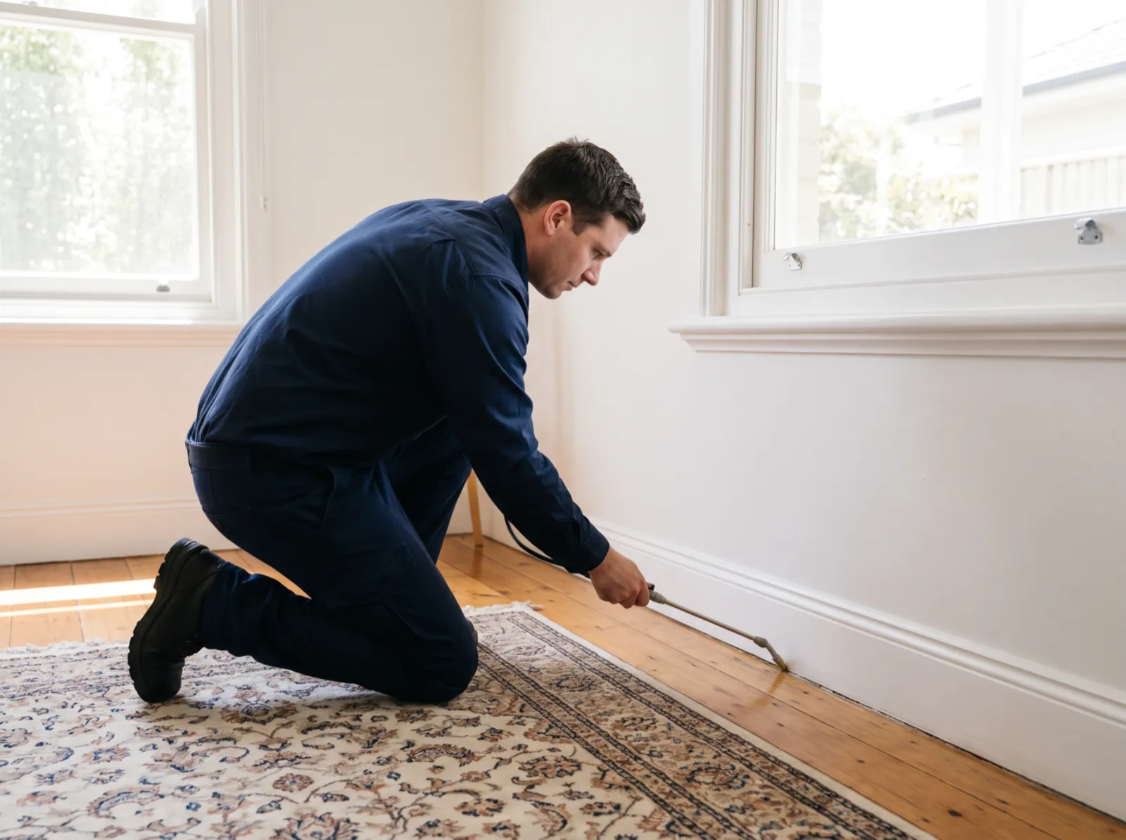 Technician treating the carpet edge and skirting board of a Newcastle living room