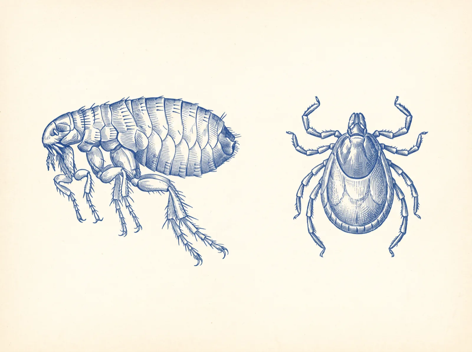 Line illustration of a cat flea in profile beside a paralysis tick from above