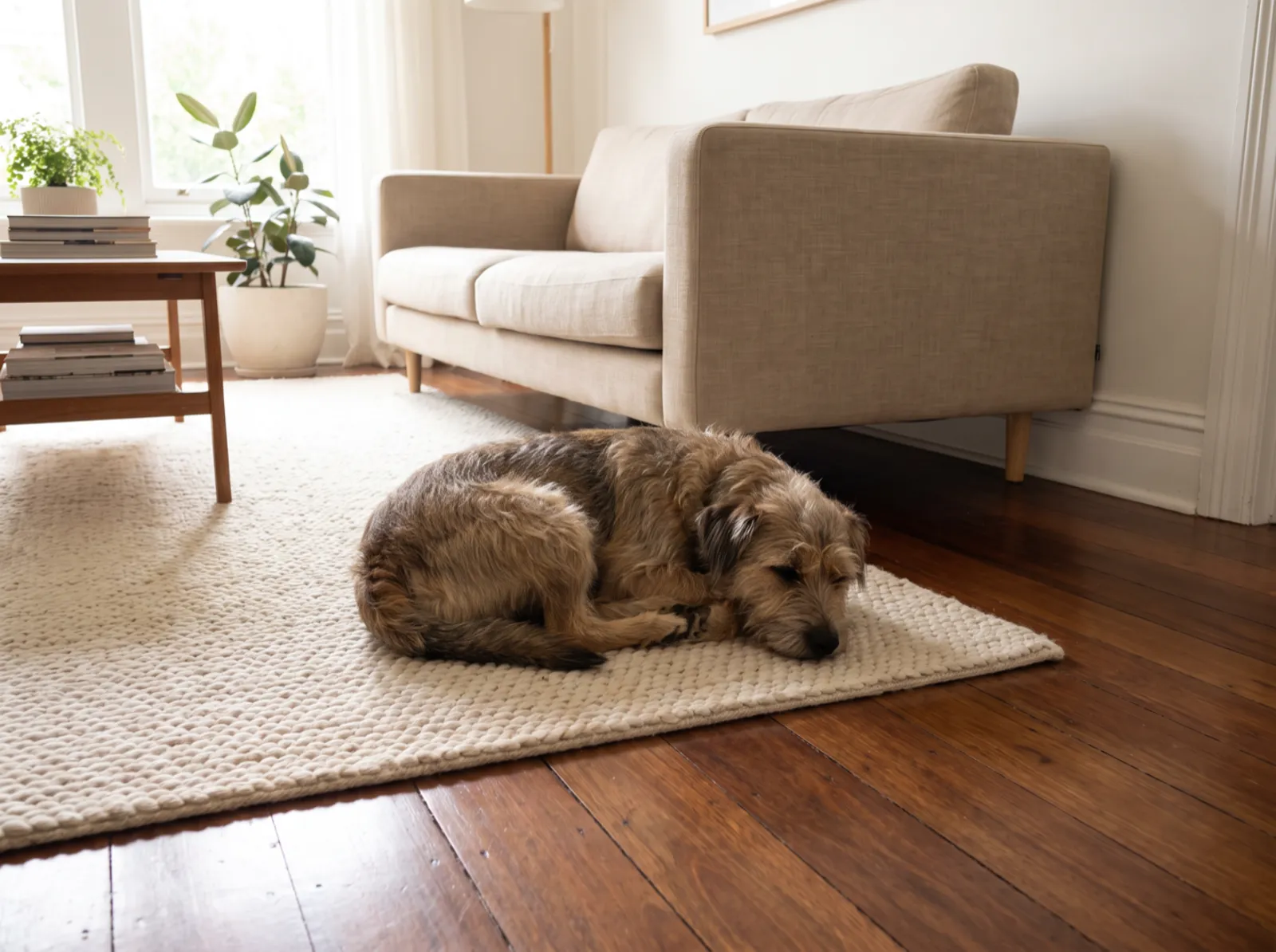 A dog resting on a wool rug in a sunlit Newcastle living room