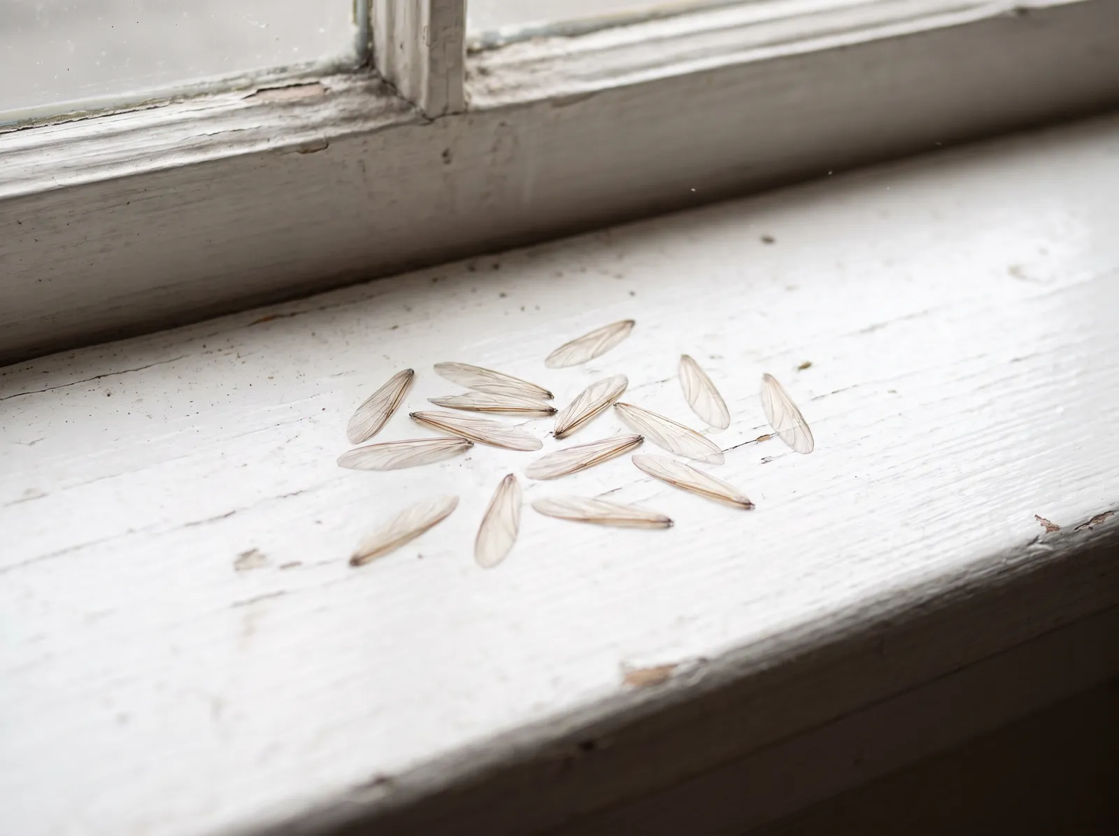 A small scatter of identical translucent shed wings on a painted timber windowsill