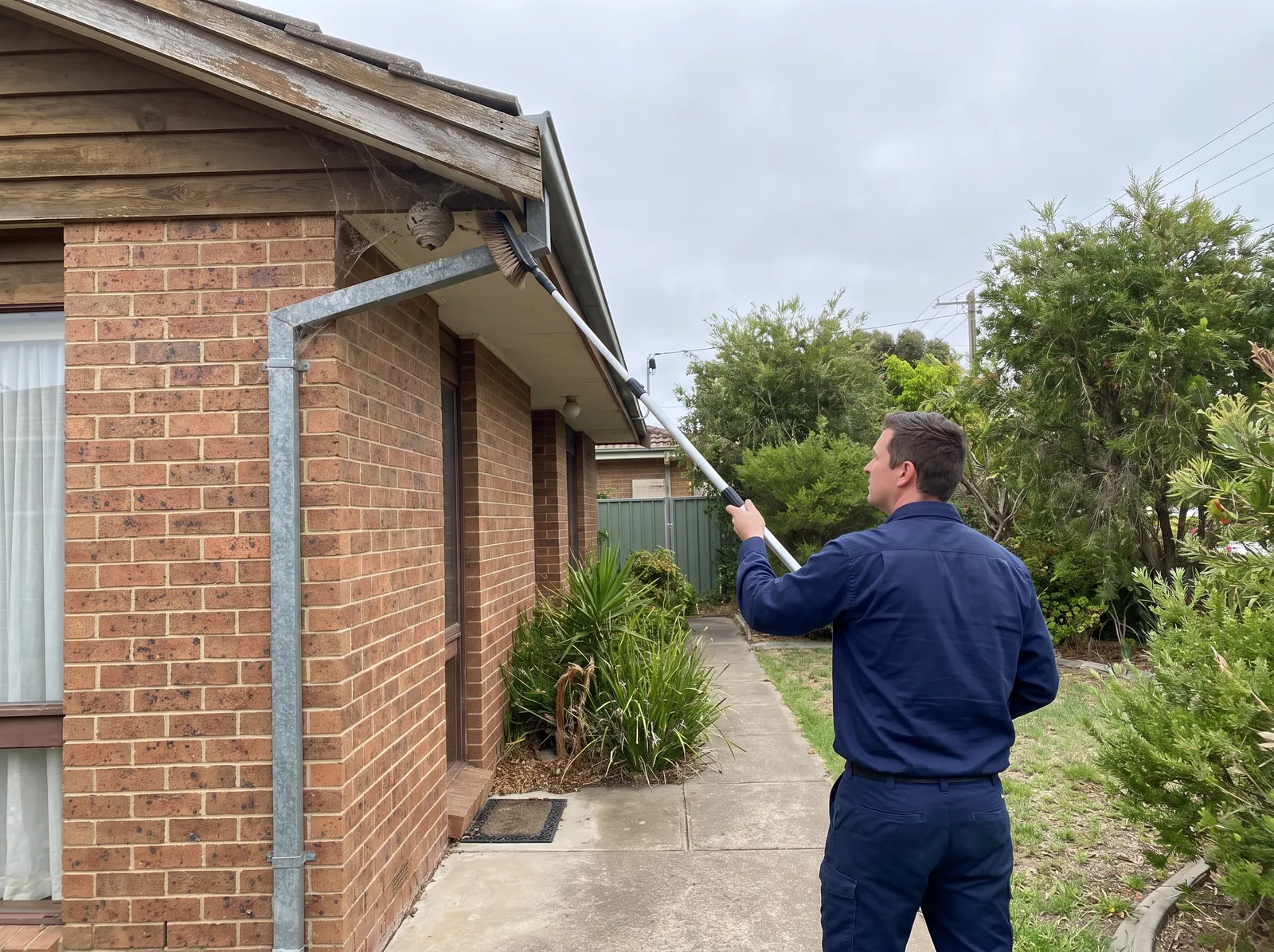 A technician using a long pole brush to clear webbing and a wasp nest from under the eaves of a brick home