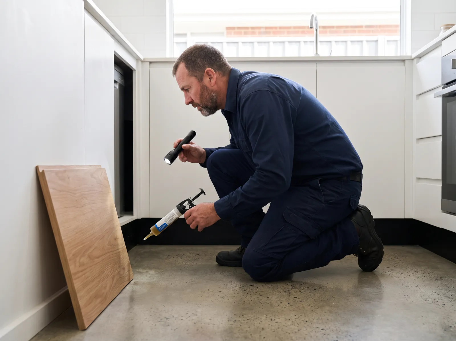 A licensed technician with the kitchen kickboard removed, shining a torch into the cavity and holding a gel bait applicator