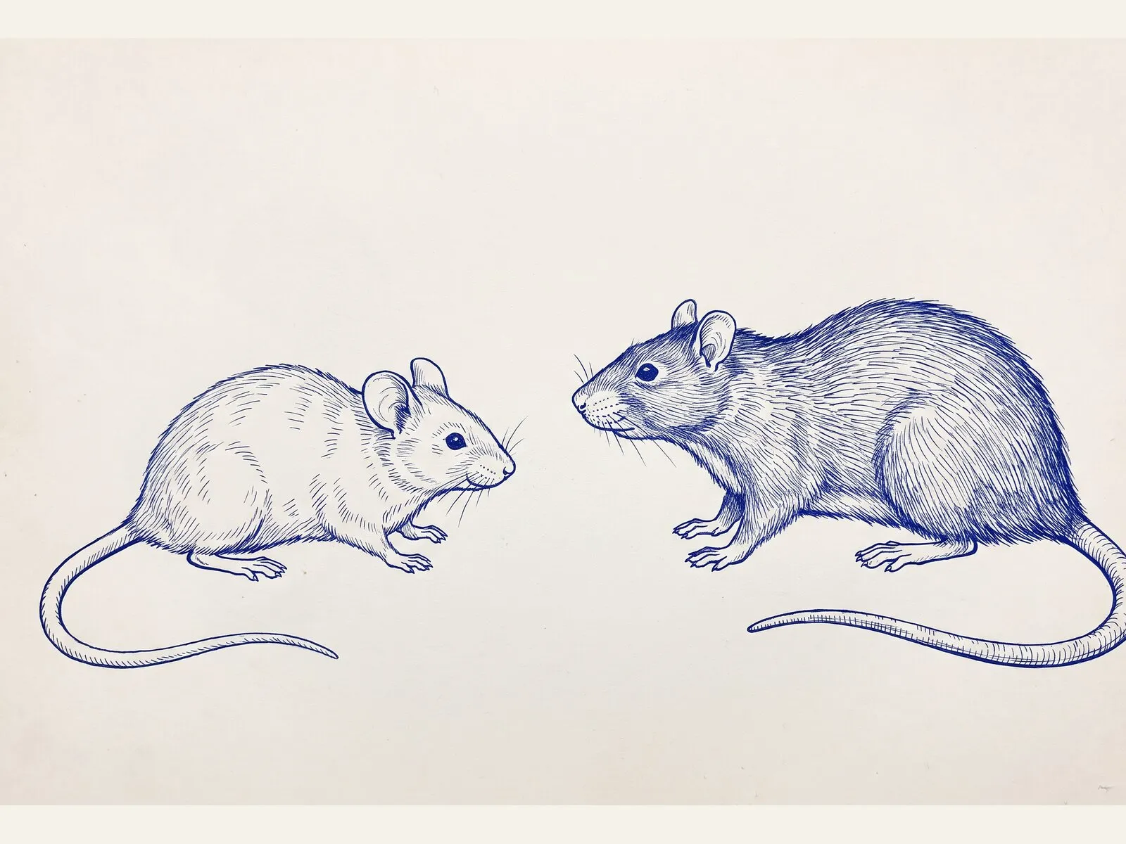 Line illustration of a house mouse and a black rat side by side