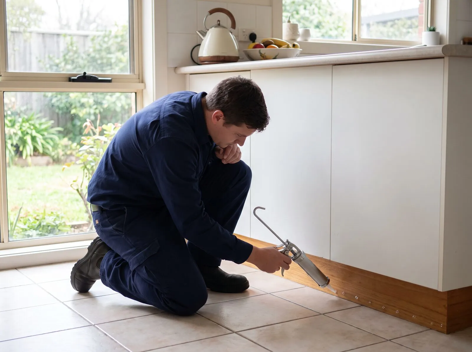 Technician applying gel bait along a kitchen kickboard