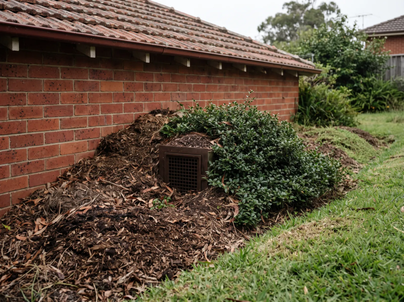A brick subfloor vent more than half buried by a built-up garden bed and shrub at the base of a Lake Macquarie house wall