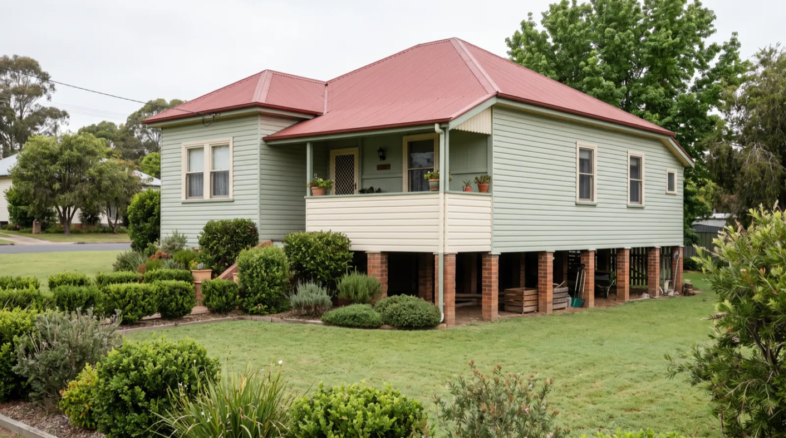 Well-kept weatherboard cottage raised on brick piers with an open subfloor, in a Maitland floodplain street