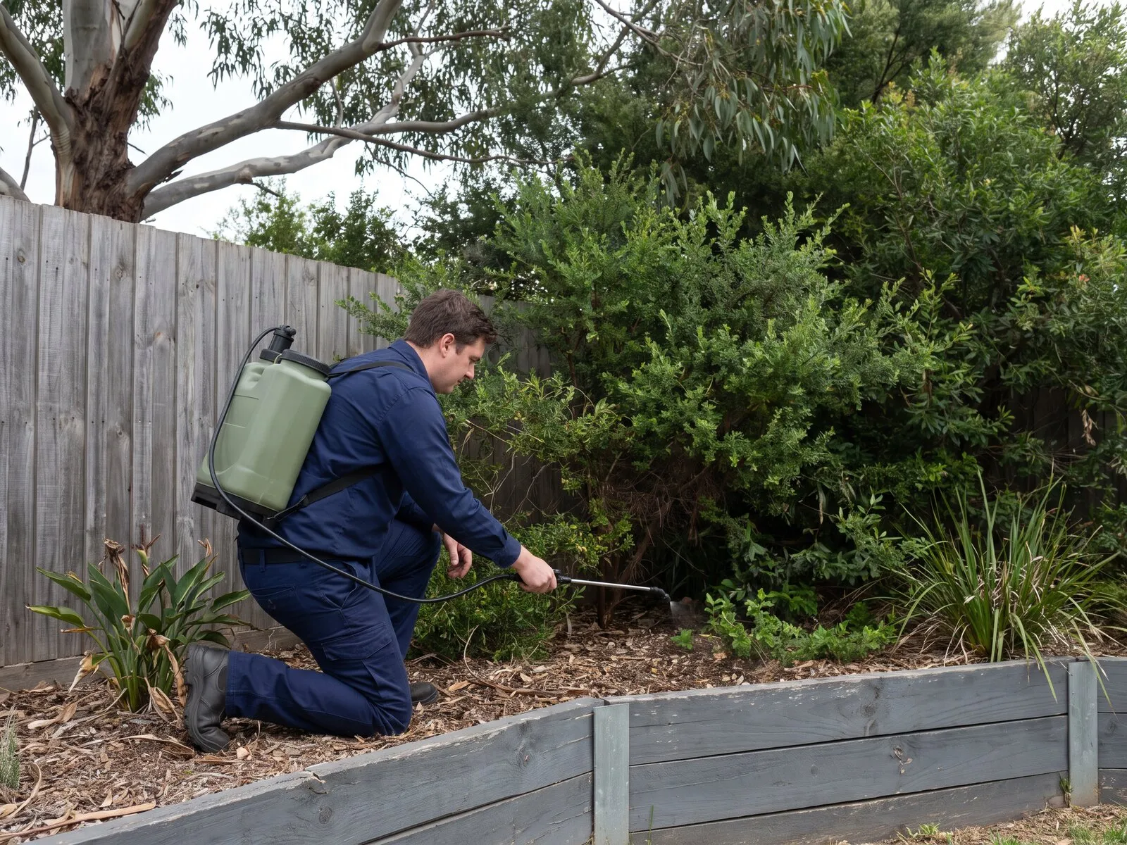 Technician treating shaded foliage along a backyard fence line