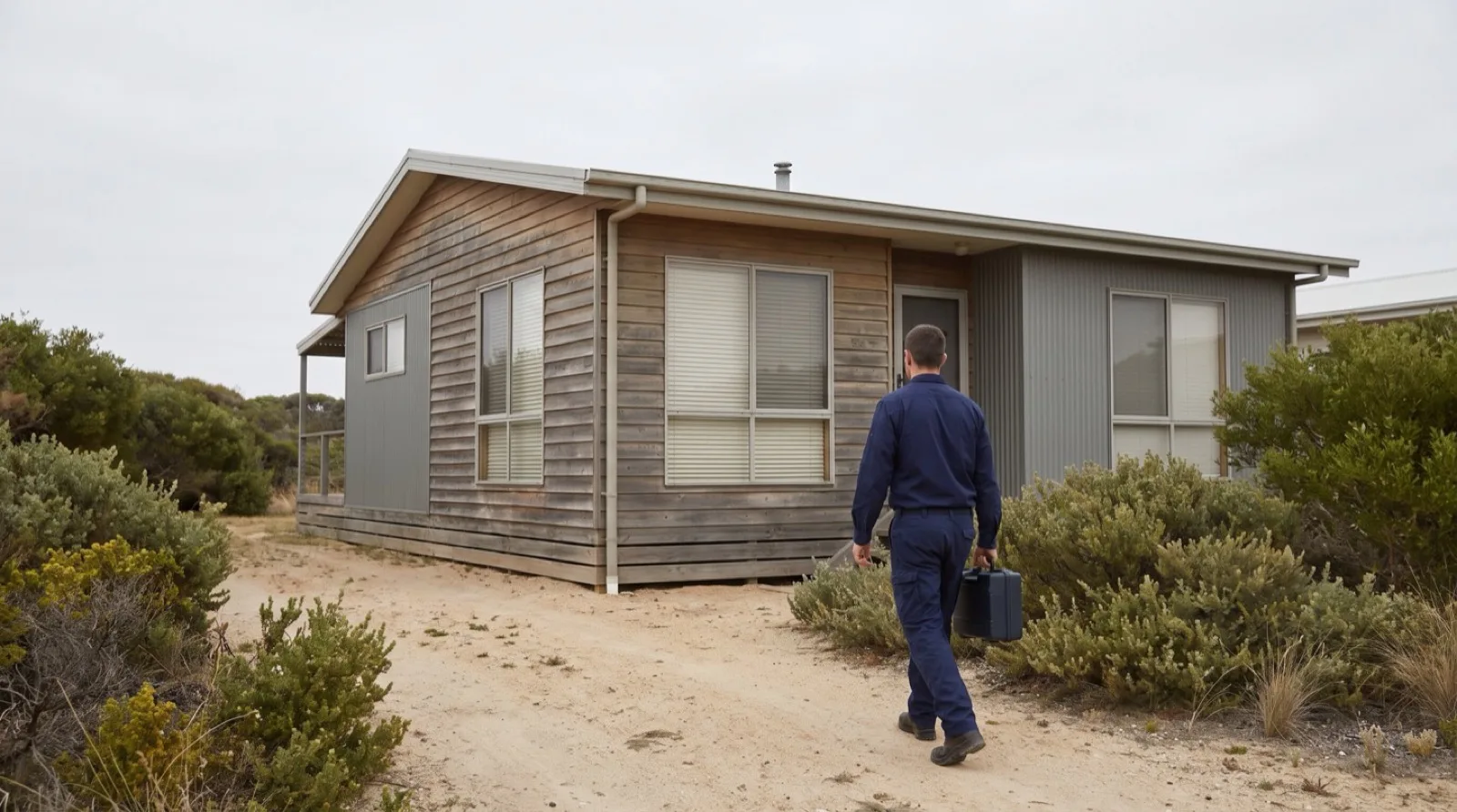 Technician arriving for a scheduled check at a quiet closed-up coastal holiday house near Port Stephens