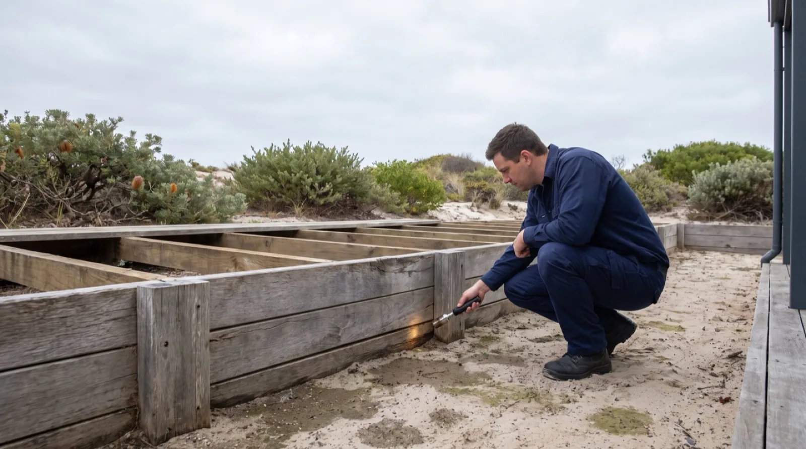 Technician checking a hardwood sleeper wall against sandy soil at a coastal home
