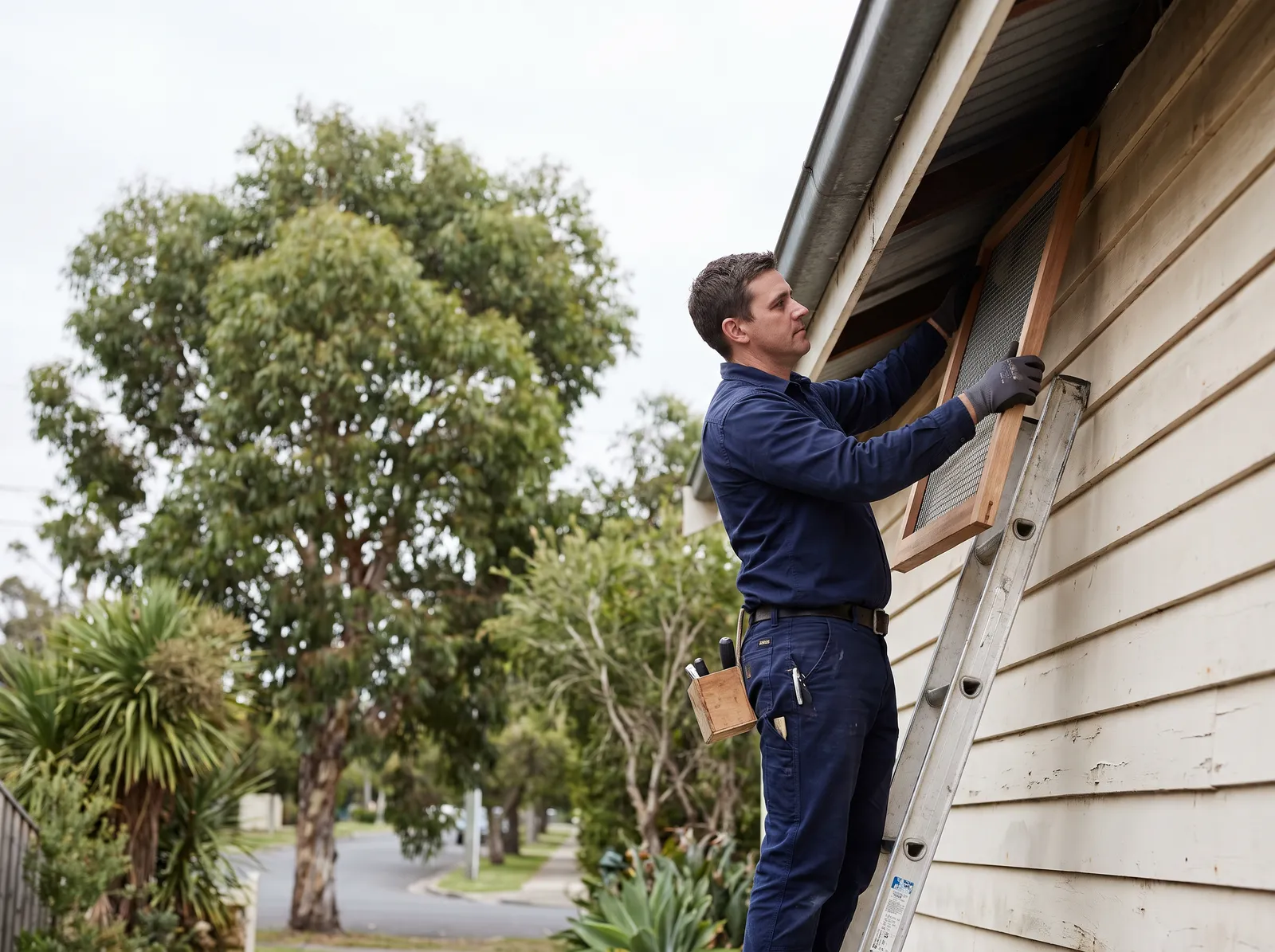Technician on a ladder fitting a mesh cover over an eaves gap on a weatherboard house