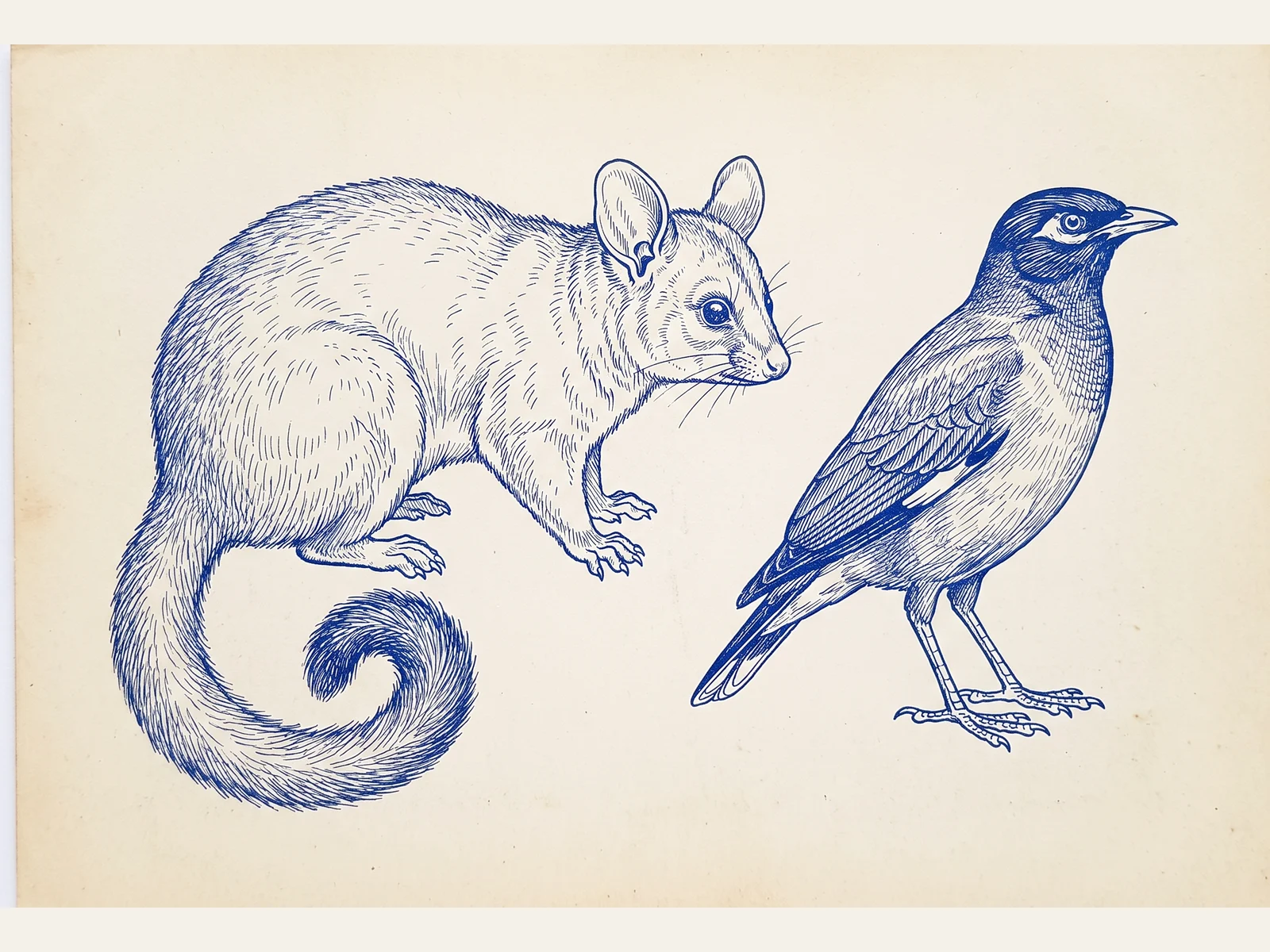 Cobalt-ink plate of a brushtail possum beside a bird