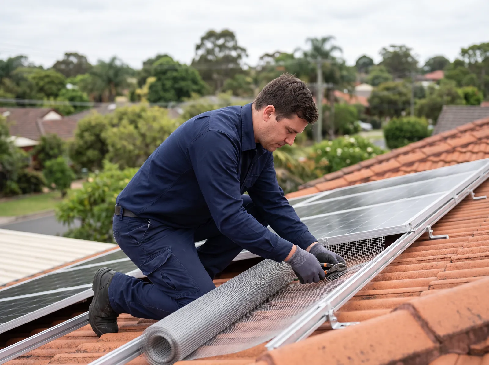 Technician clipping mesh around the edge of rooftop solar panels to keep birds out