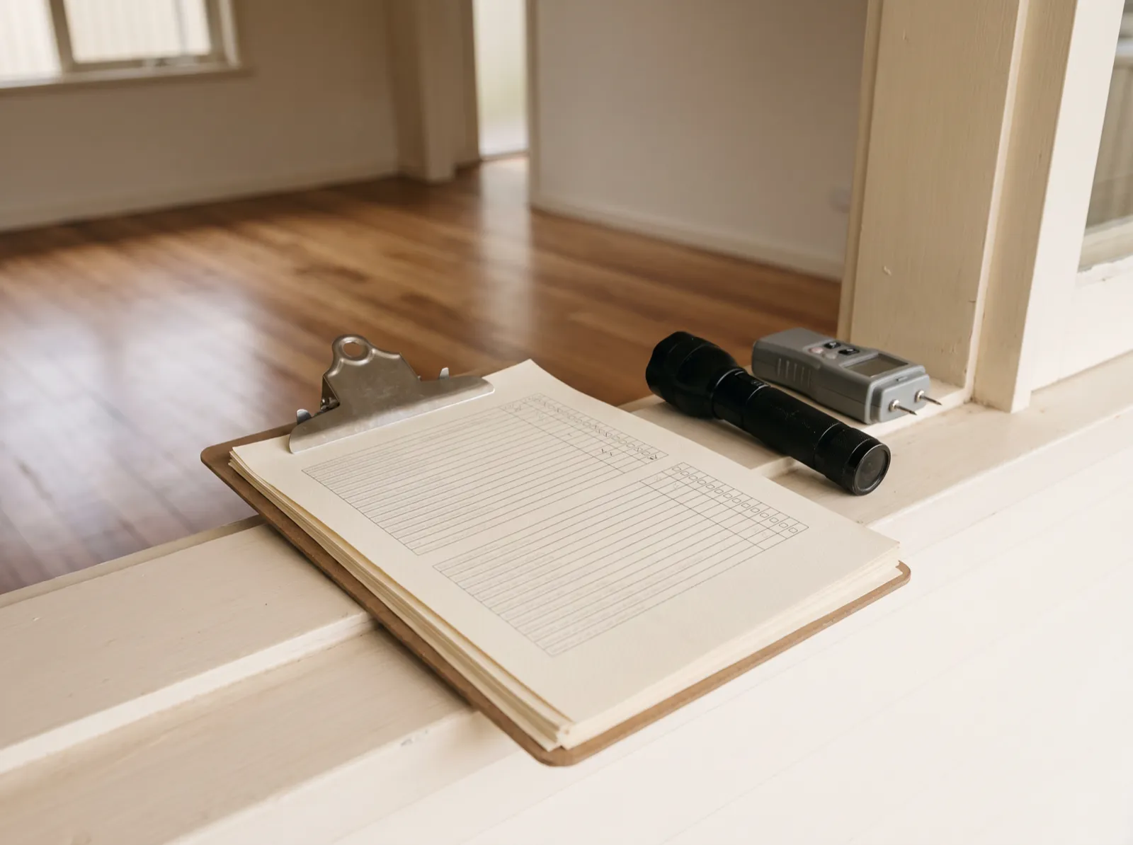 A timber pest inspection report on a clipboard beside a torch and moisture meter on the windowsill of an empty house