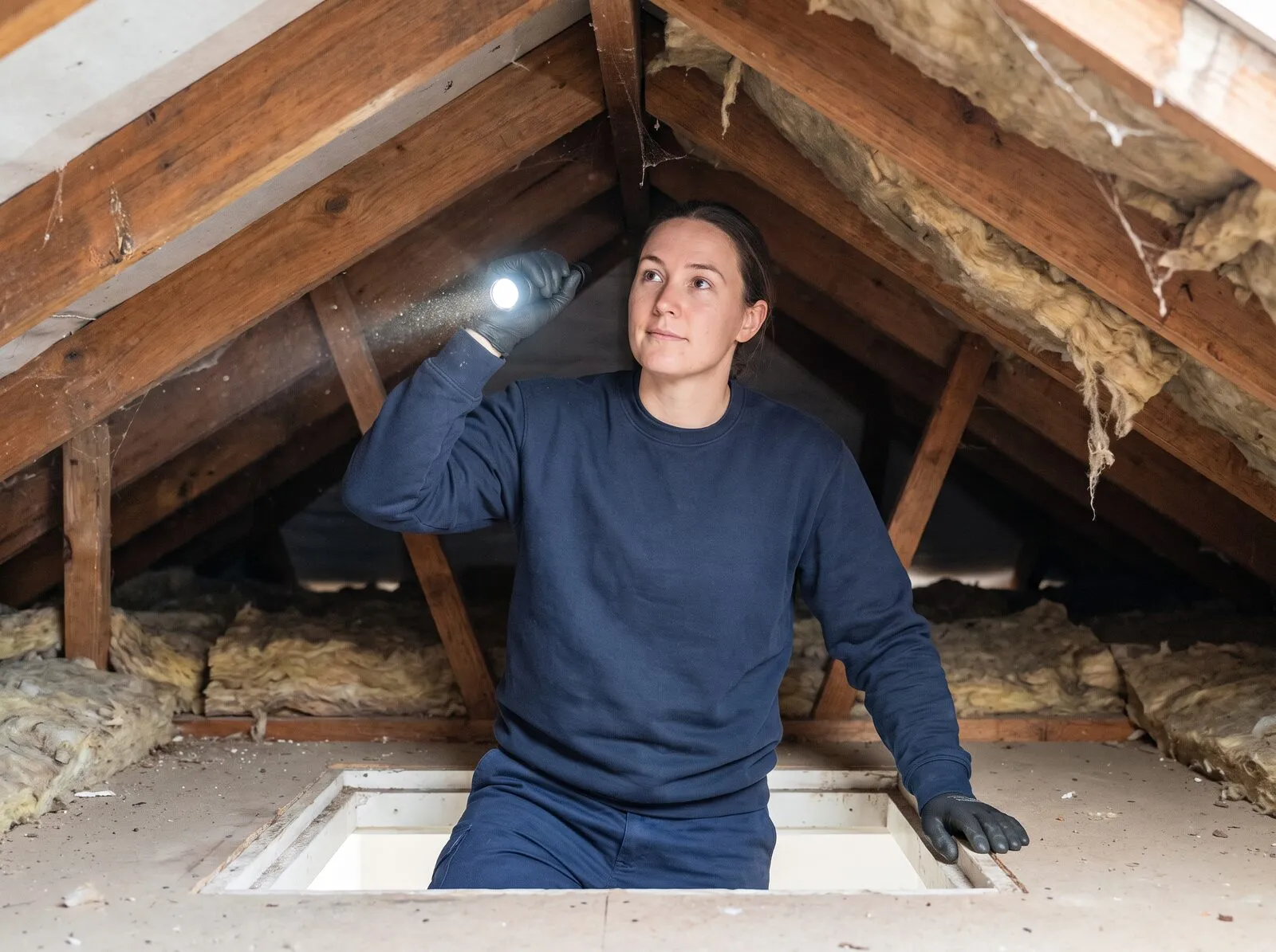 Technician checking a roof void by torchlight