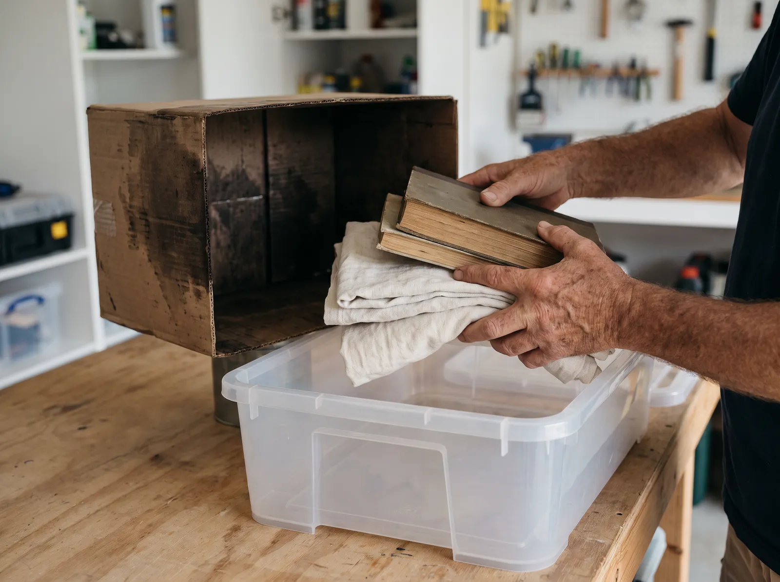 Hands moving old books and linen from a damp cardboard box into a clear sealed plastic storage tub