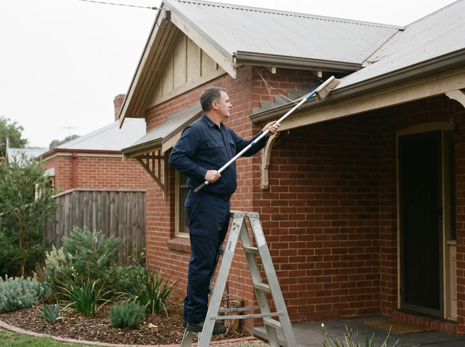 Technician on a ladder sweeping cobwebs from the eaves and gutter line of a brick home