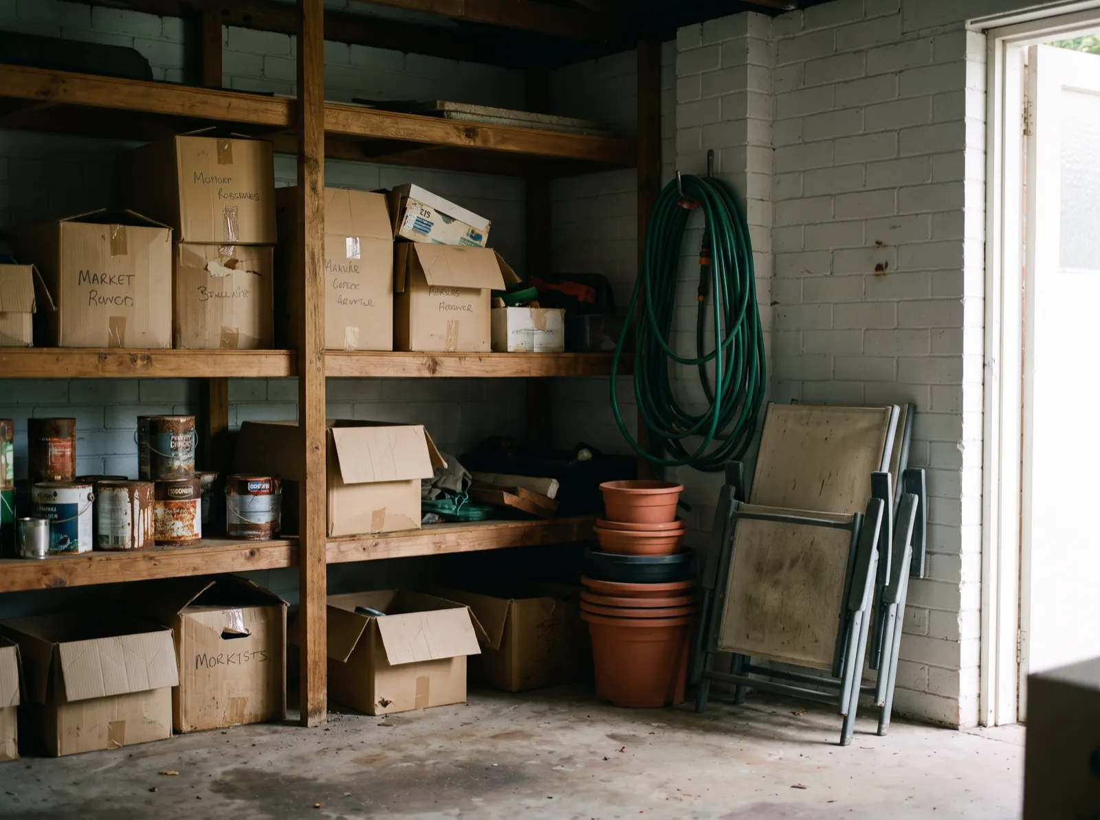 Cluttered corner of a suburban garage with stored boxes, pots and a coiled hose against a brick wall