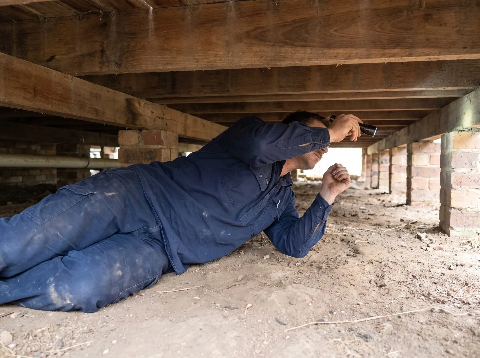Technician inspecting a timber subfloor by torchlight