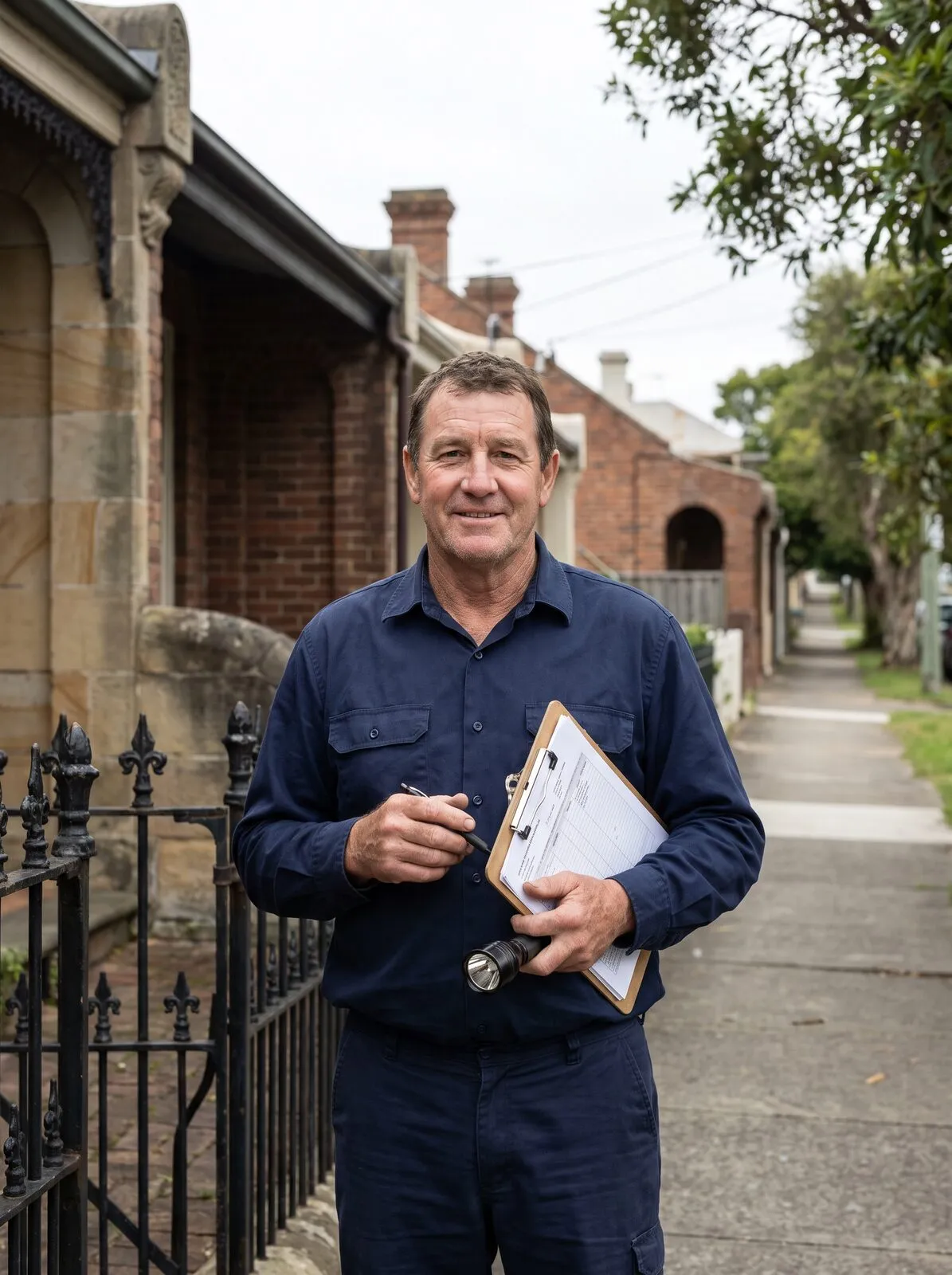 Pest control technician with clipboard and torch outside a Newcastle terrace house