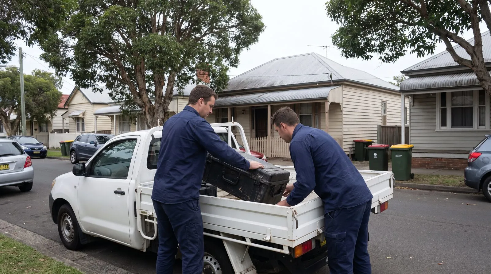 Technicians unloading equipment from a work ute on a Newcastle street