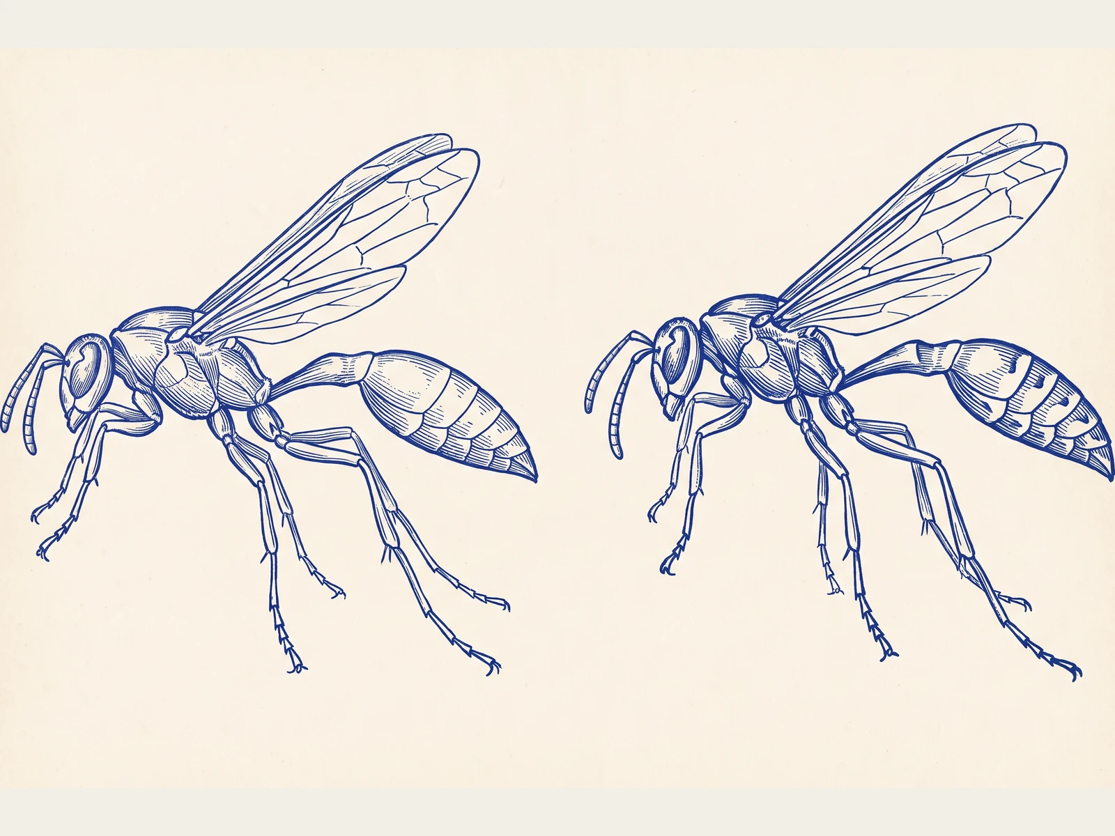 Line illustration of a paper wasp and a European wasp side by side