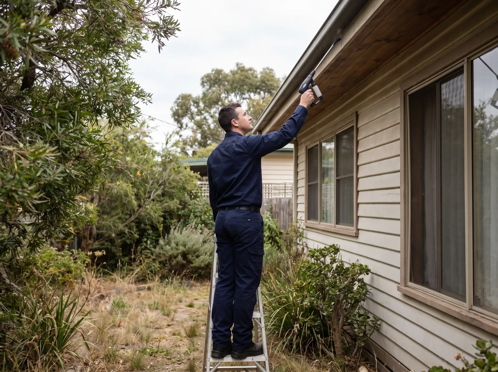A technician on a step ladder treating under the eaves of a house
