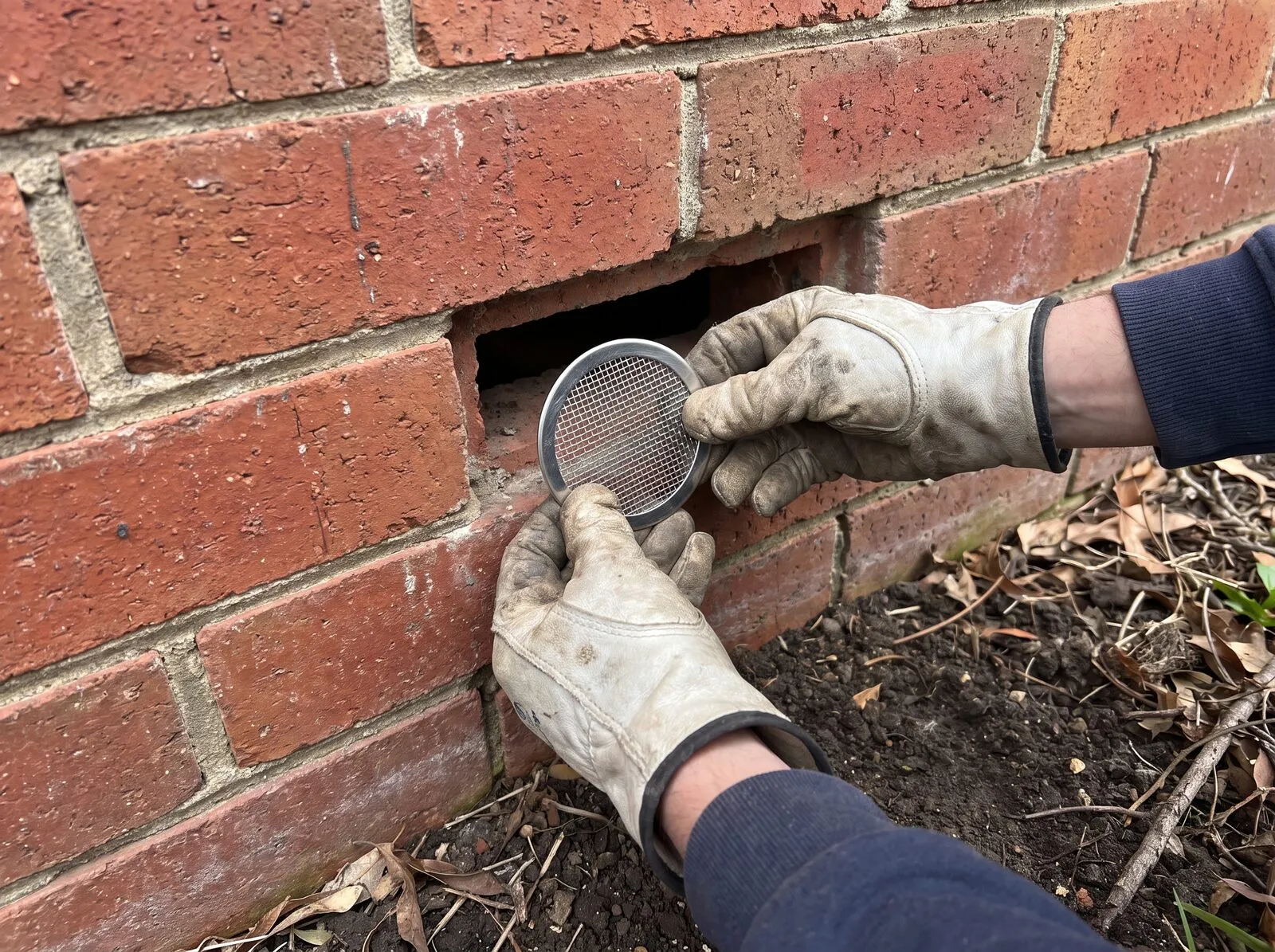 Stainless mesh being fitted to a brick weep hole